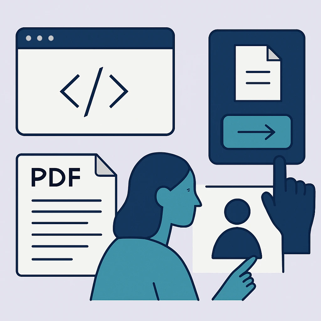 Editorial illustration representing Accessible HTML, PDFs, figures, and submission systems