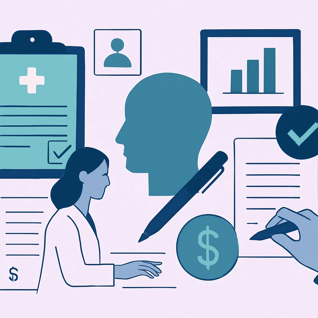 Editorial illustration representing Clinical Trial Administration: Contracts, Budgets, and Compliance