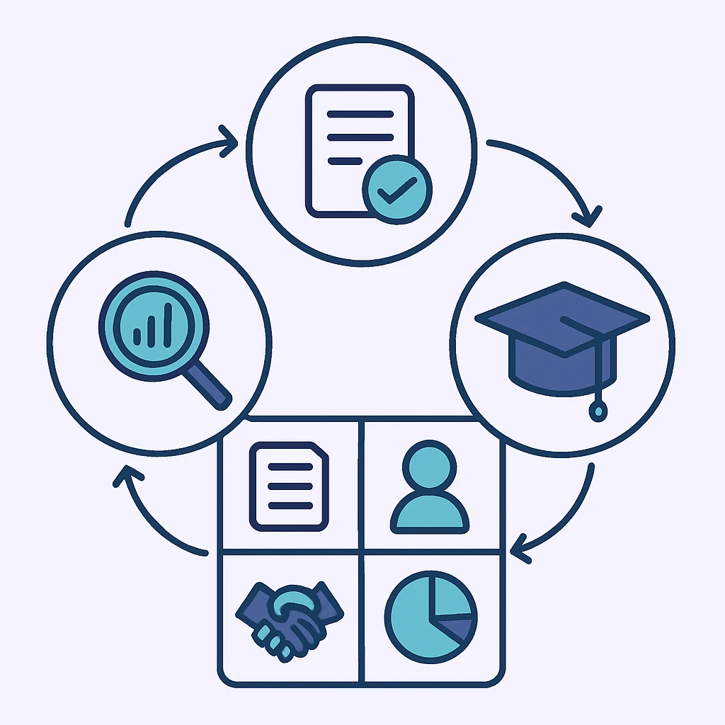 Framework connecting the main dimensions of Evidence, policy, and practice relating to grants management