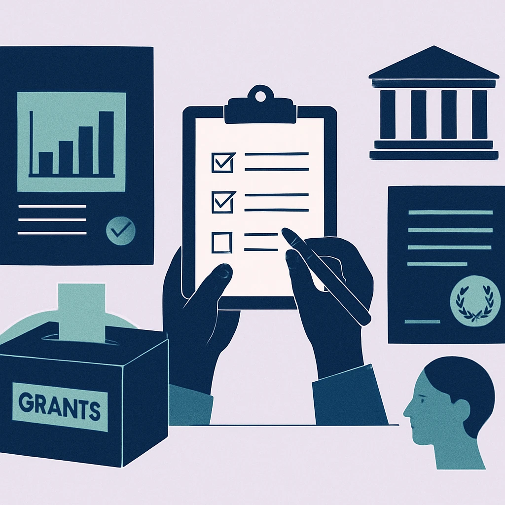 Editorial illustration representing Evidence, policy, and practice relating to grants management