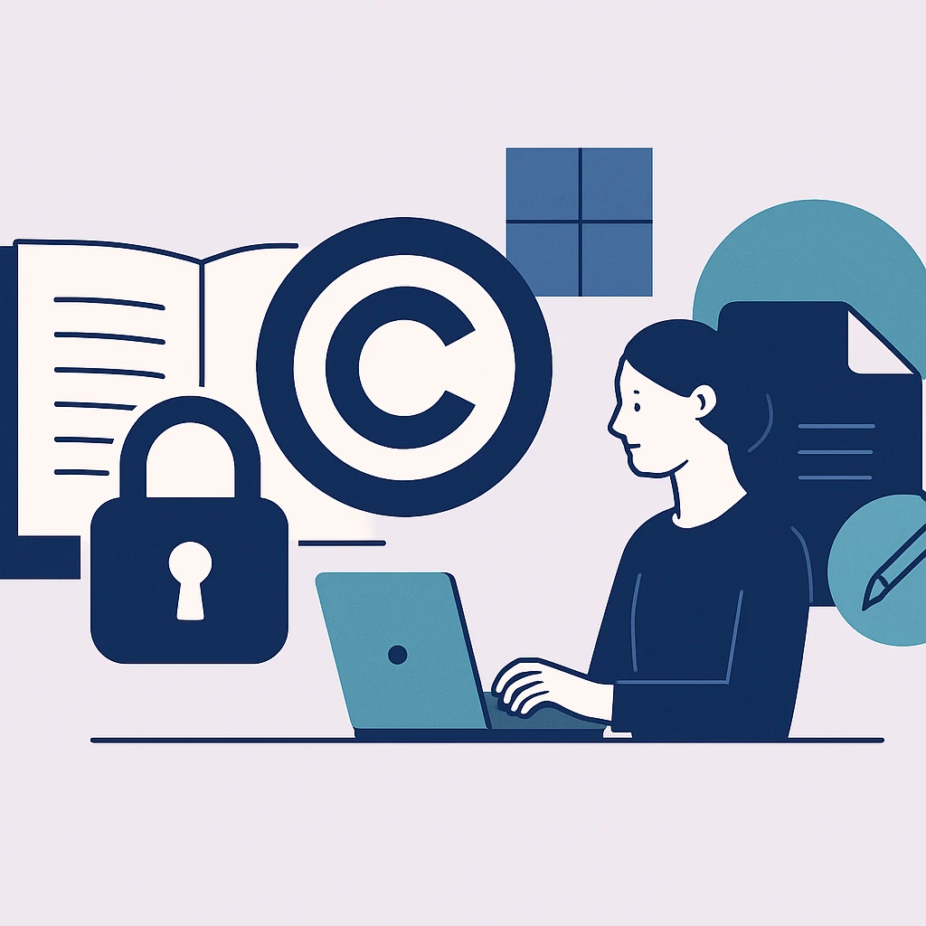 Editorial illustration representing Access model, reuse license, copyright, and author rights