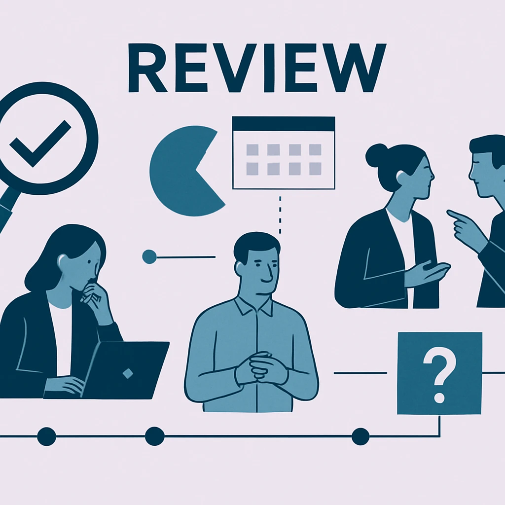 Editorial illustration representing Review model, stages, timelines, conflicts, and decisions