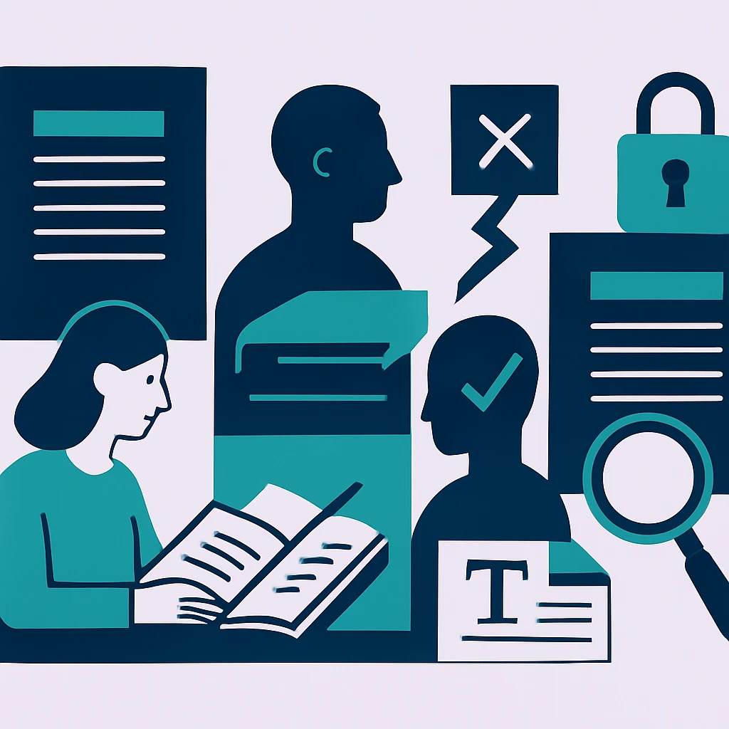 Editorial illustration representing Authorship, conflicts, misconduct, plagiarism, and integrity