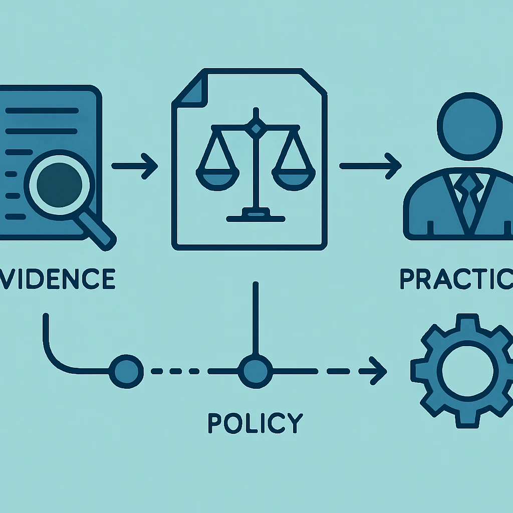 Workflow and decision points for Evidence, policy, and practice relating to research compliance