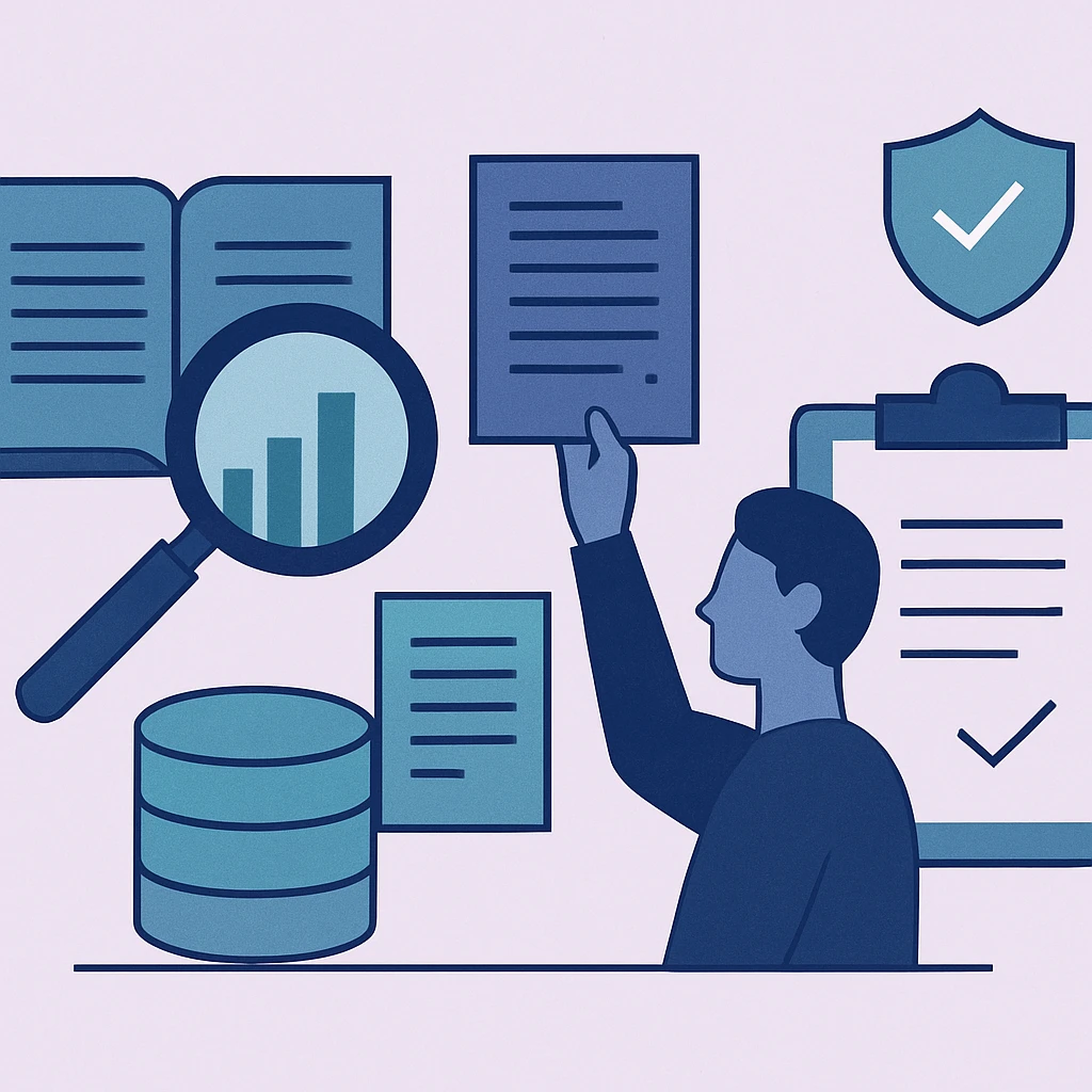 Editorial illustration representing Evidence, policy, and practice relating to research data management