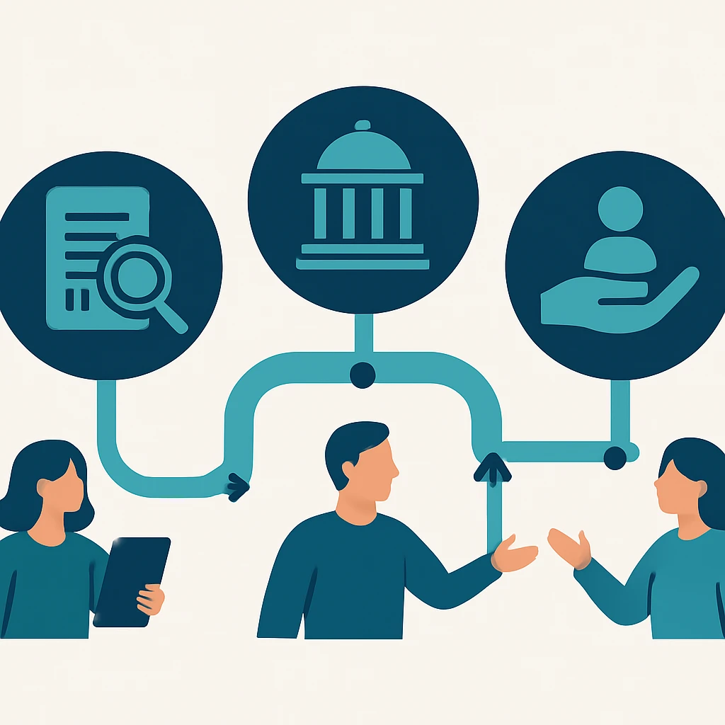 Workflow and decision points for Evidence, policy, and practice relating to research finance