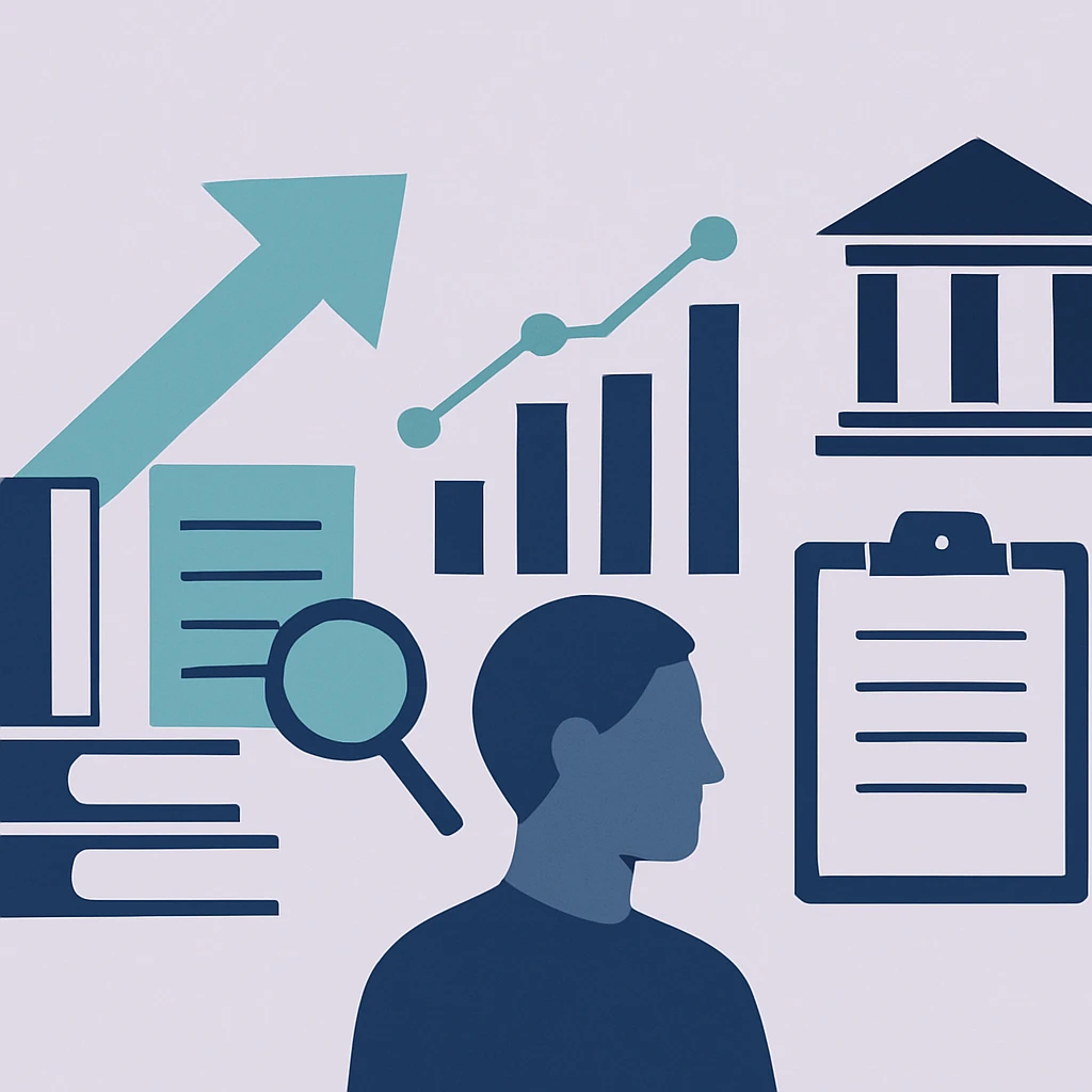 Editorial illustration representing Evidence, policy, and practice relating to research impact and evaluation