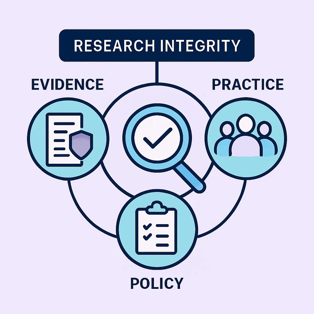 Framework connecting the main dimensions of Evidence, policy, and practice relating to research integrity
