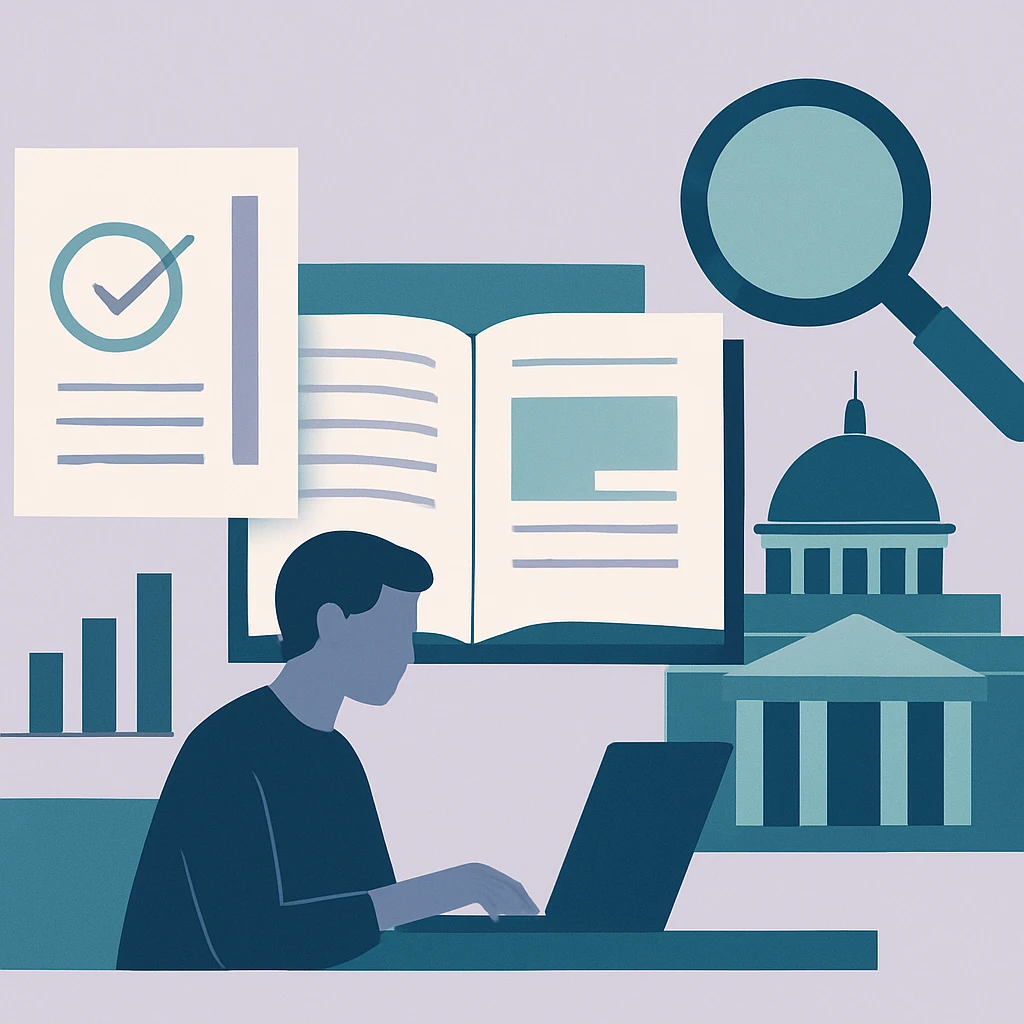 Editorial illustration representing Evidence, policy, and practice relating to sponsored research